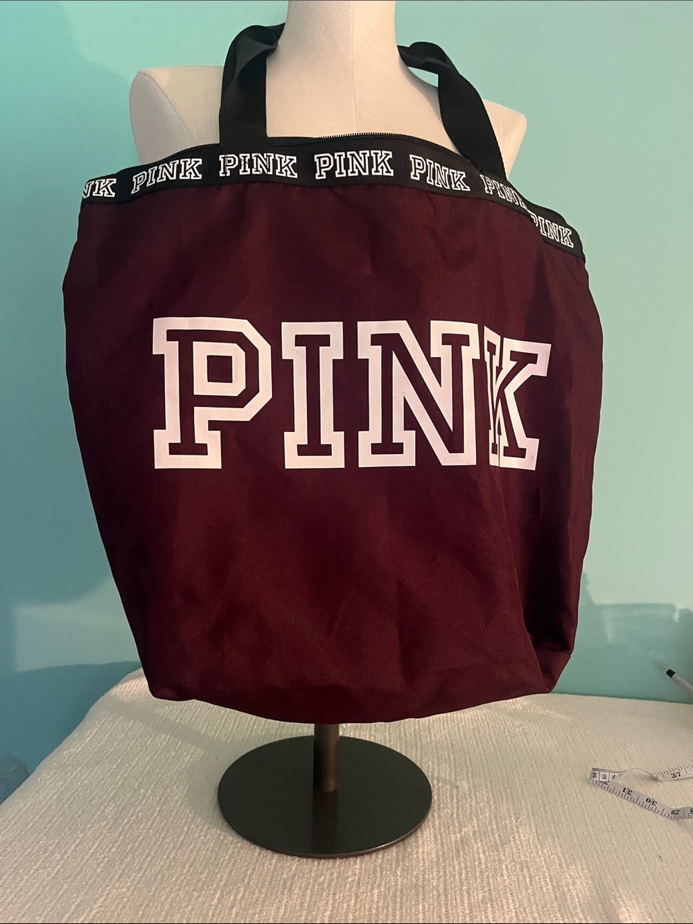 PINK Victoria's Secret Burgundy Canvas Tote with Black Straps